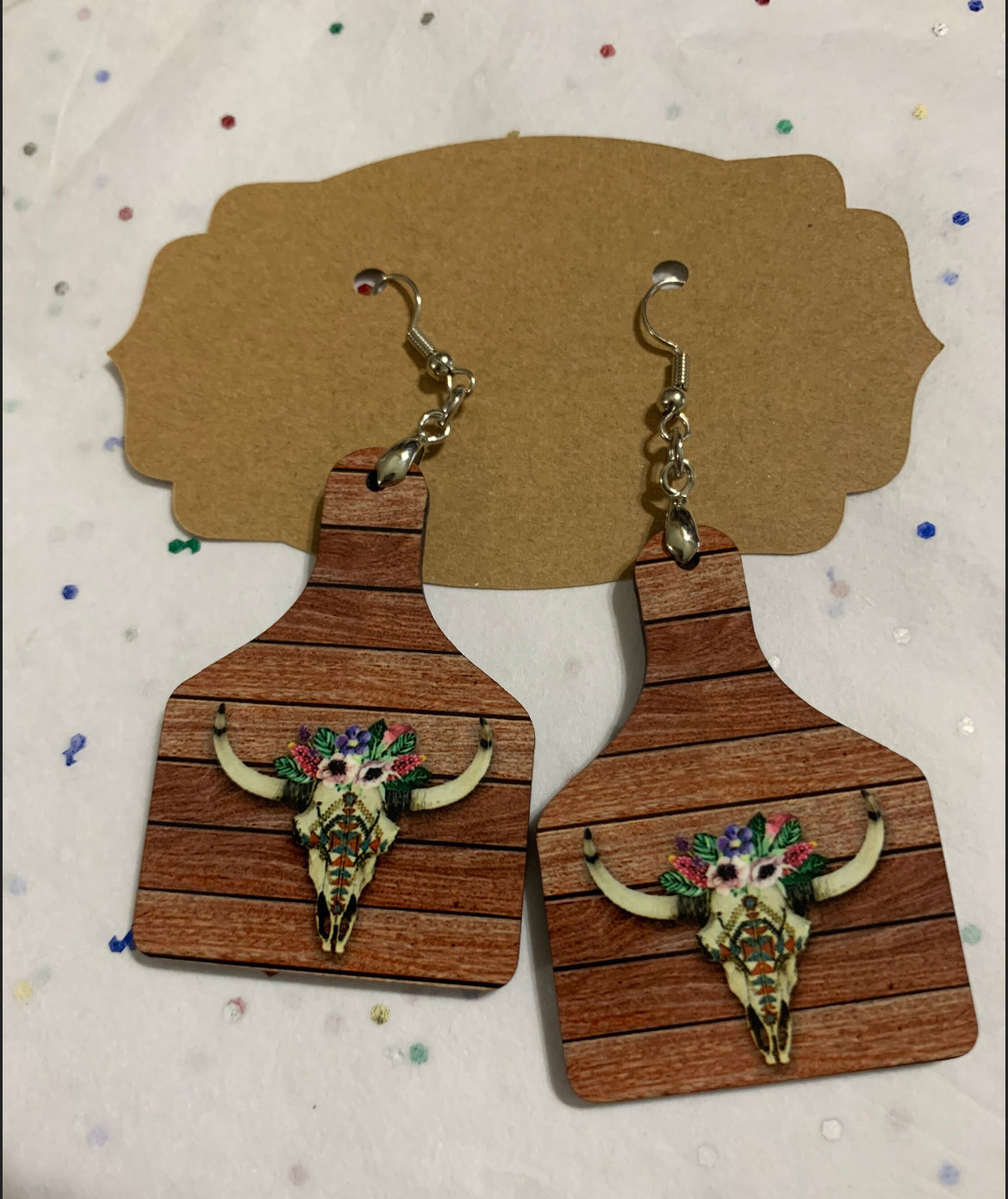Brown Wood Cowskull Earrings