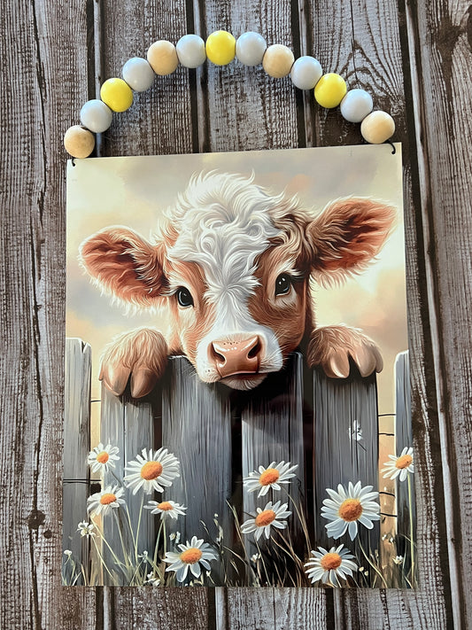 Baby cow metal sign